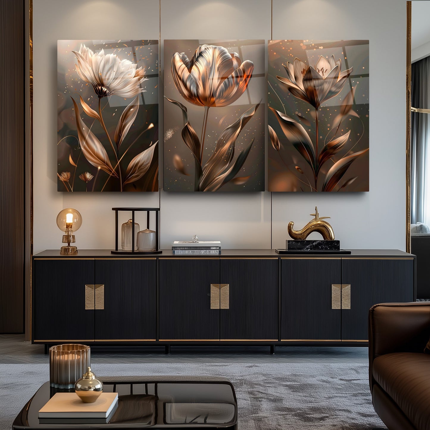 Bronz Metalik Çiçekler Üçlü Set Cam Tablo