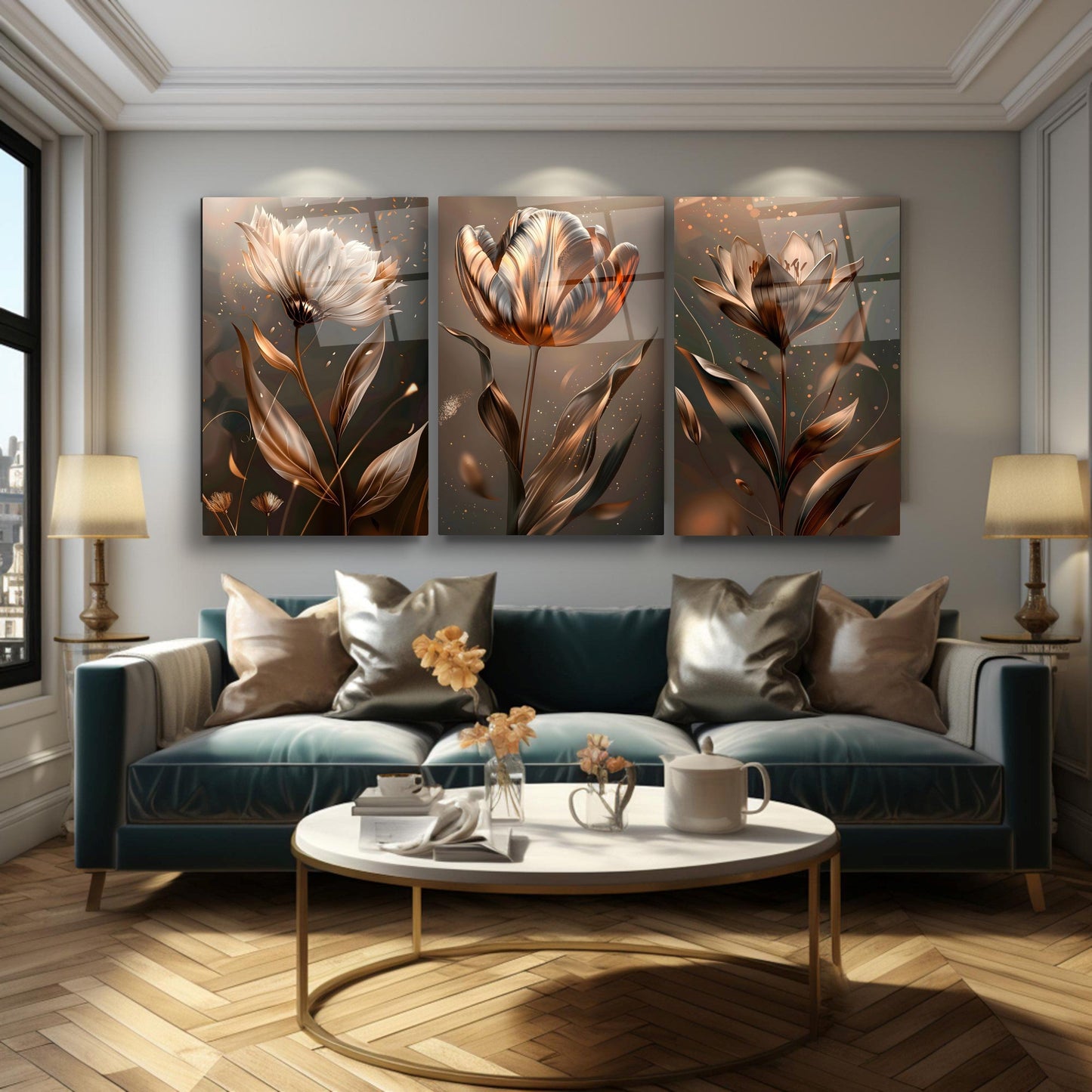 Bronz Metalik Çiçekler Üçlü Set Cam Tablo