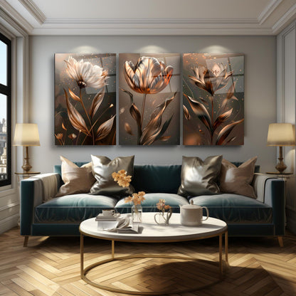 Bronz Metalik Çiçekler Üçlü Set Cam Tablo
