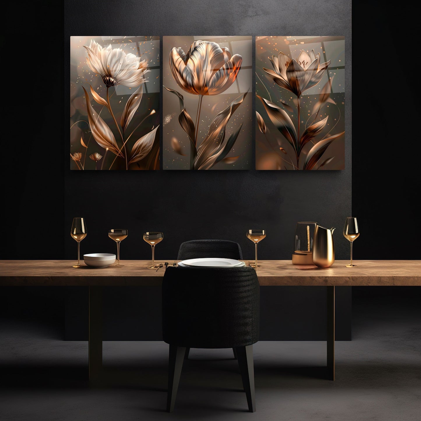 Bronz Metalik Çiçekler Üçlü Set Cam Tablo