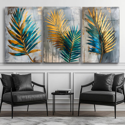 Yesil Gold Palmiye Yaprakları Üçlü Set Cam Tablo