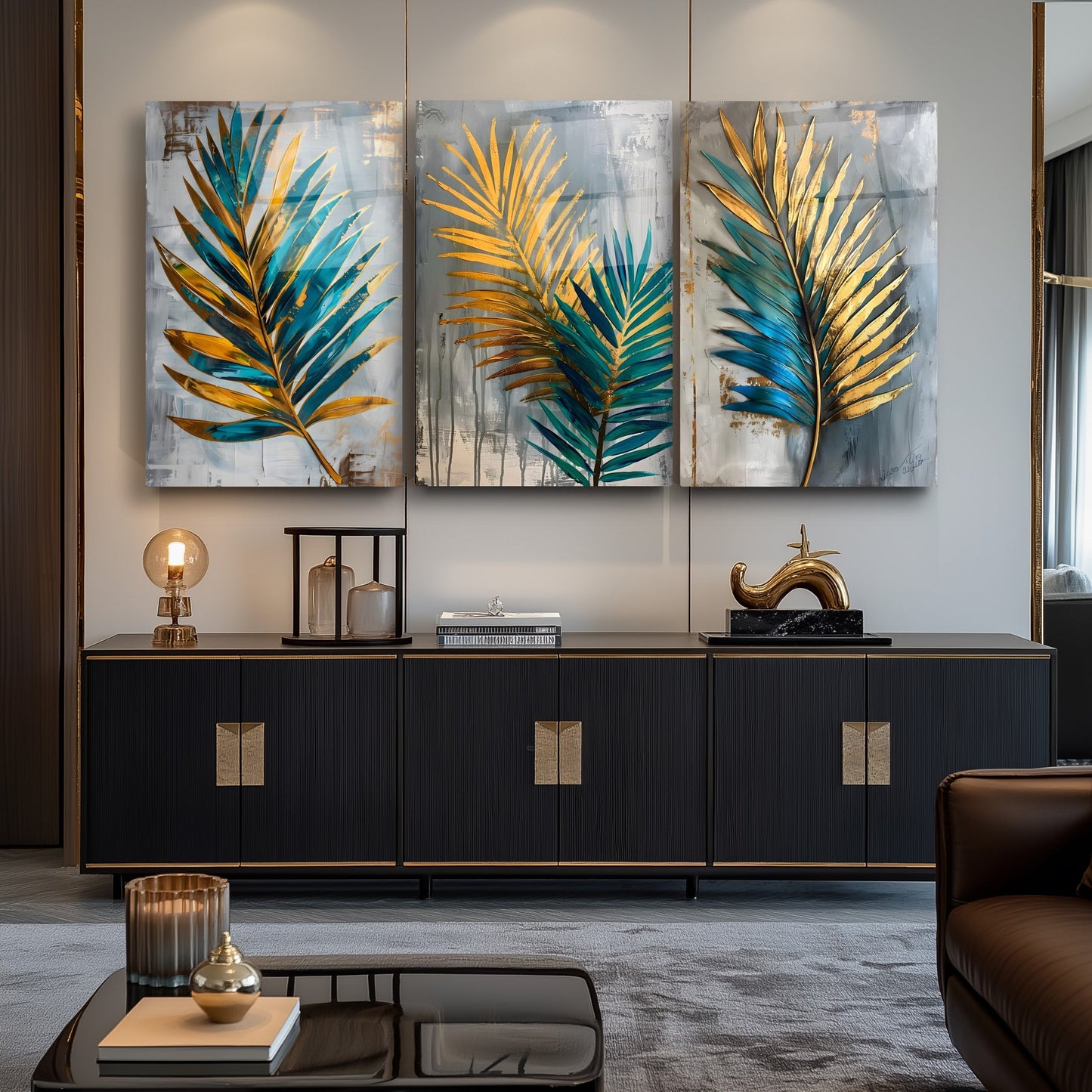 Yesil Gold Palmiye Yaprakları Üçlü Set Cam Tablo