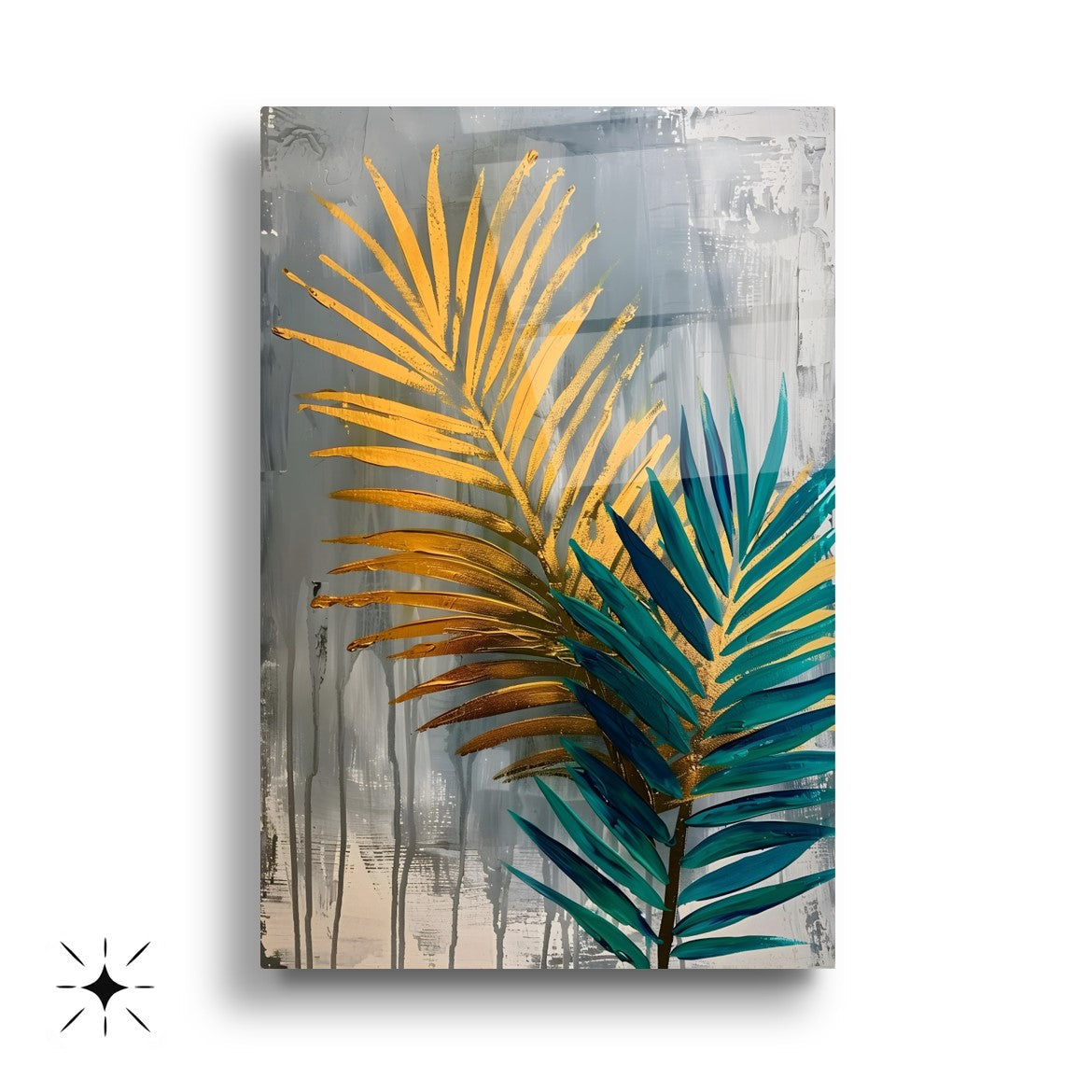 Yesil Gold Palmiye Yaprakları Üçlü Set Cam Tablo