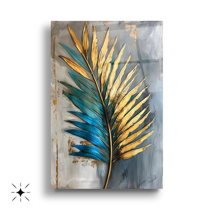 Yesil Gold Palmiye Yaprakları Üçlü Set Cam Tablo