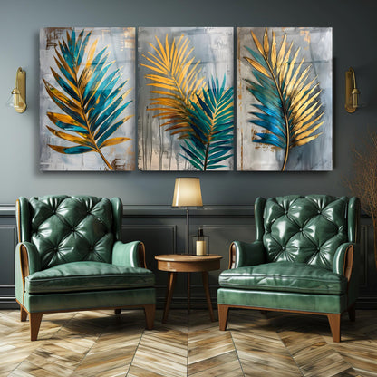 Yesil Gold Palmiye Yaprakları Üçlü Set Cam Tablo