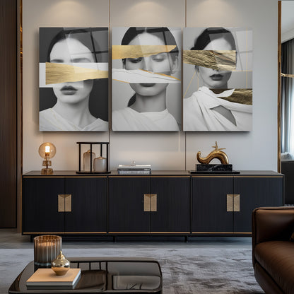 Gold Detay Kadın Model Üçlü Set Cam Tablo