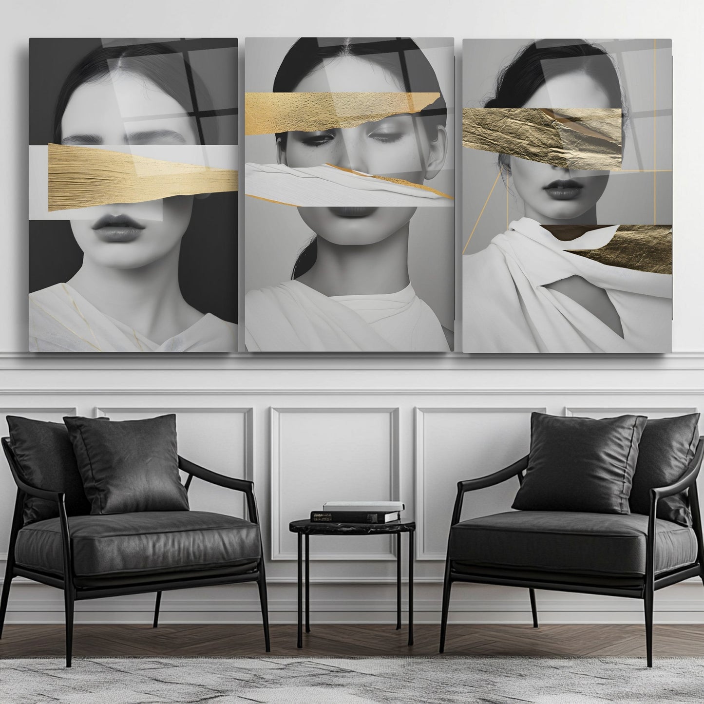 Gold Detay Kadın Model Üçlü Set Cam Tablo