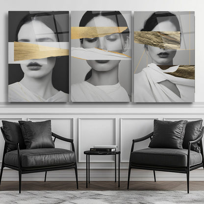 Gold Detay Kadın Model Üçlü Set Cam Tablo