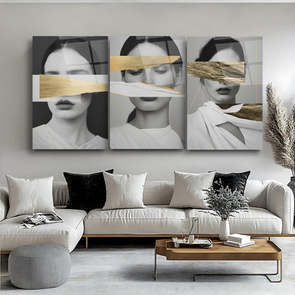 Gold Detay Kadın Model Üçlü Set Cam Tablo