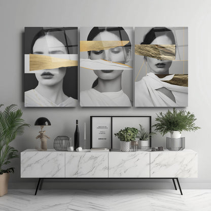 Gold Detay Kadın Model Üçlü Set Cam Tablo