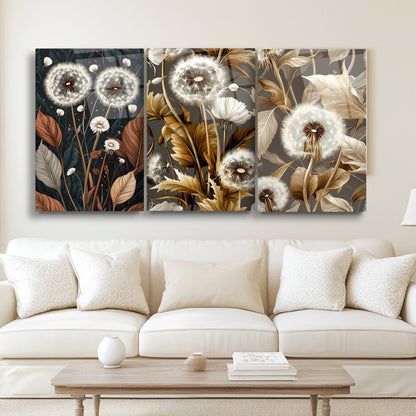 Minimal Karahindibalar Üçlü Set Cam Tablo