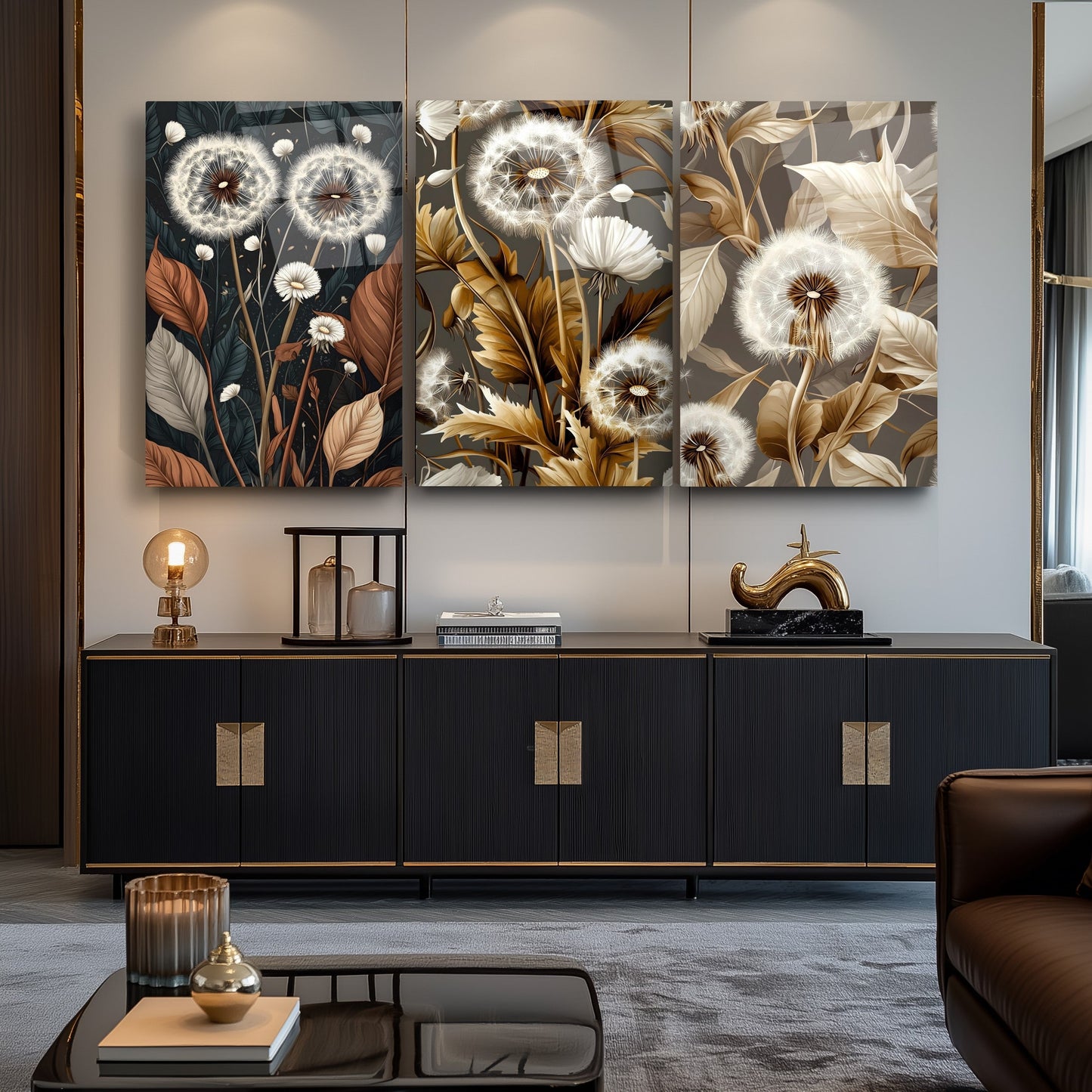 Minimal Karahindibalar Üçlü Set Cam Tablo