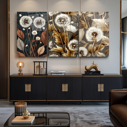 Minimal Karahindibalar Üçlü Set Cam Tablo