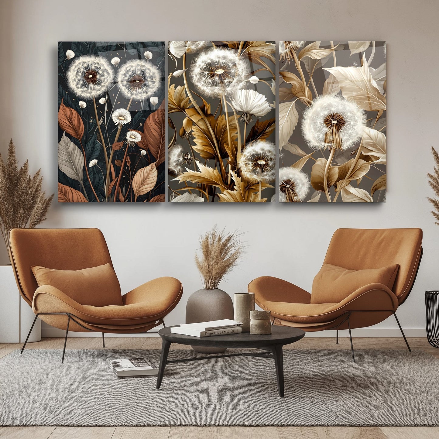 Minimal Karahindibalar Üçlü Set Cam Tablo