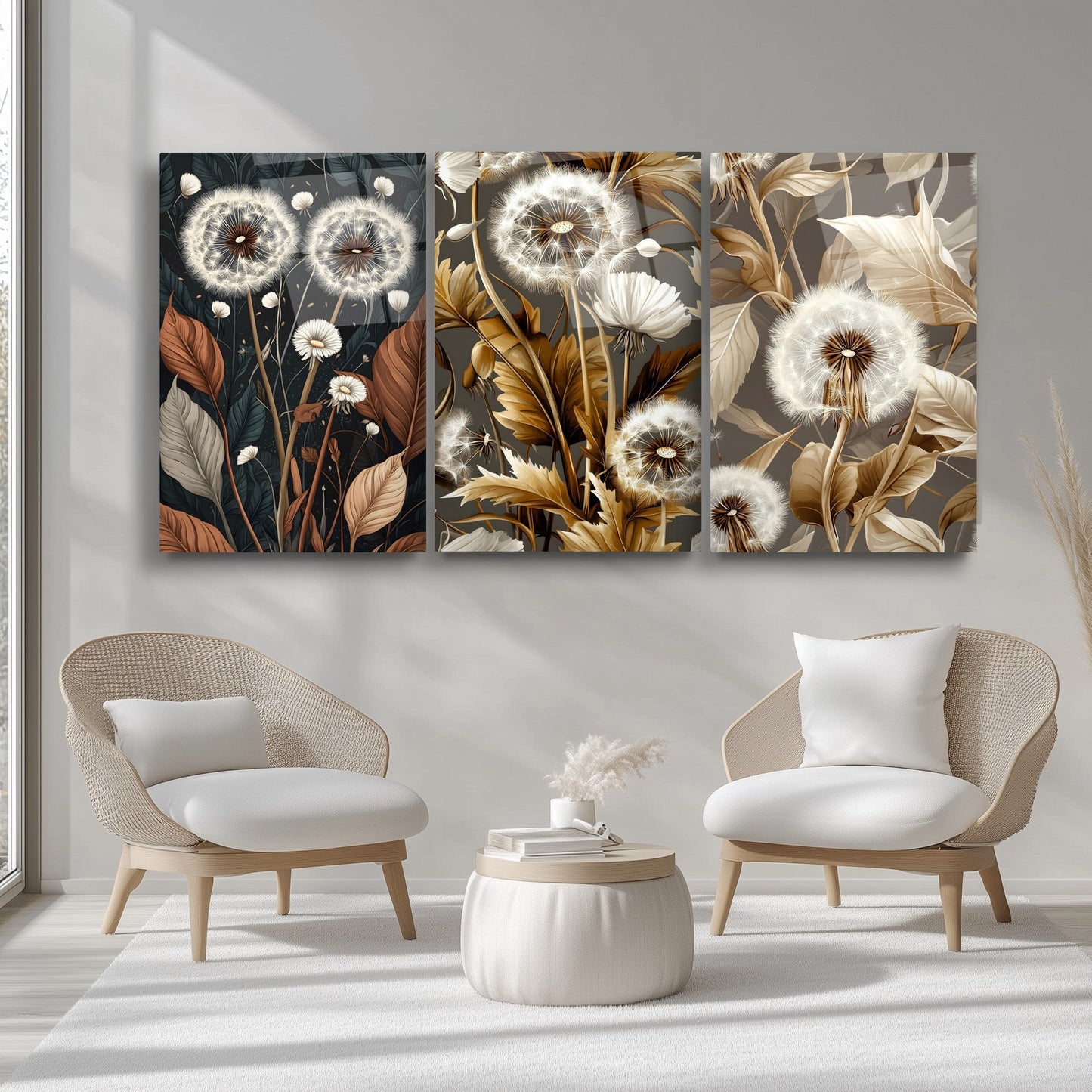 Minimal Karahindibalar Üçlü Set Cam Tablo