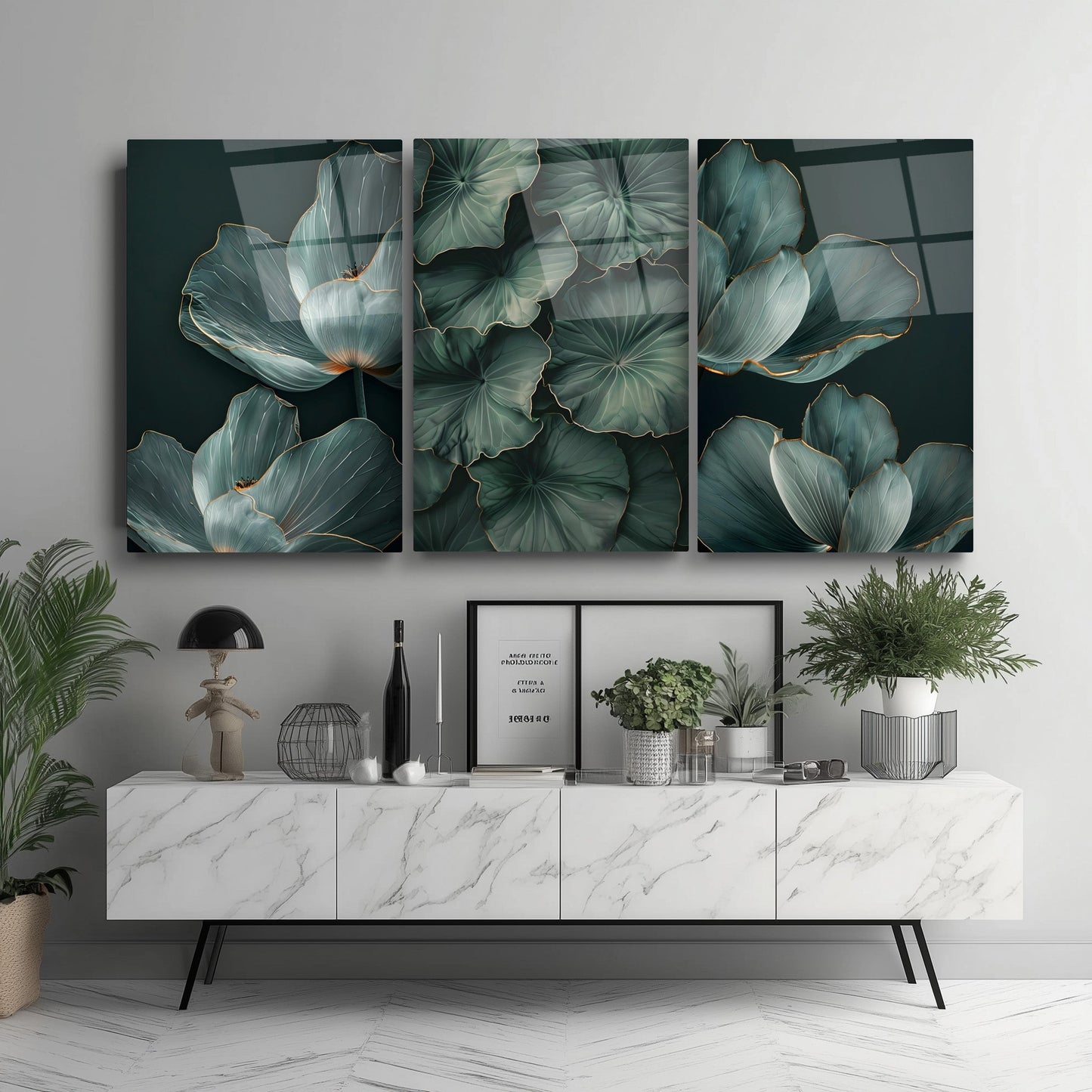 Yeşil Yapraklar Üçlü Set Cam Tablo