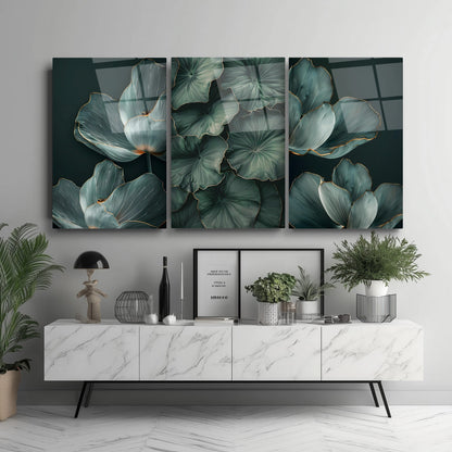 Yeşil Yapraklar Üçlü Set Cam Tablo