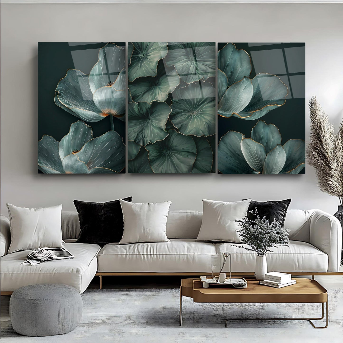 Yeşil Yapraklar Üçlü Set Cam Tablo