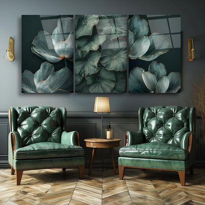 Yeşil Yapraklar Üçlü Set Cam Tablo