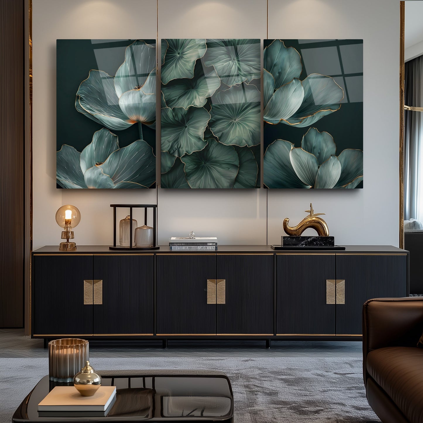 Yeşil Yapraklar Üçlü Set Cam Tablo