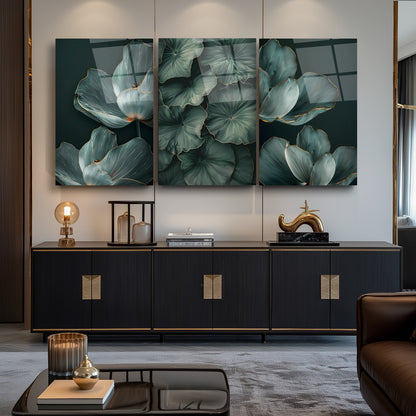 Yeşil Yapraklar Üçlü Set Cam Tablo