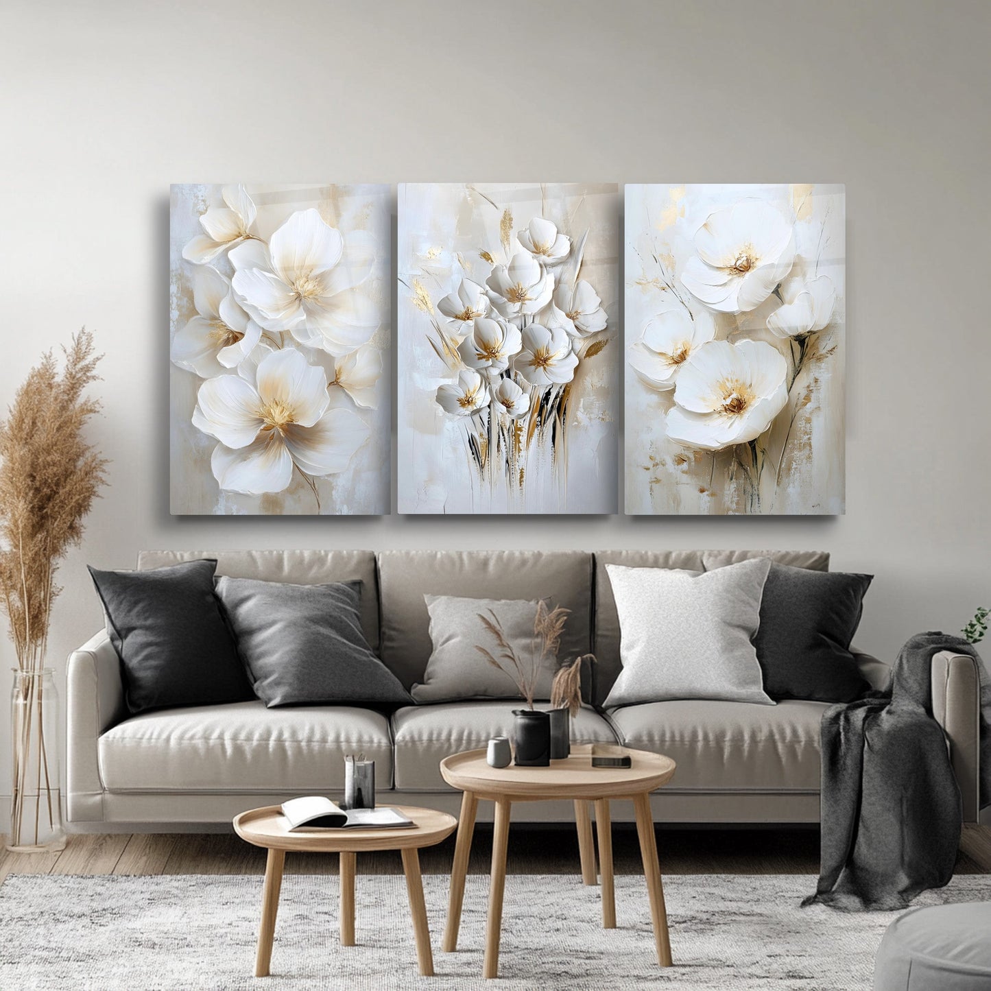 Beyaz Soft Çiçekler Üçlü Set Cam Tablo