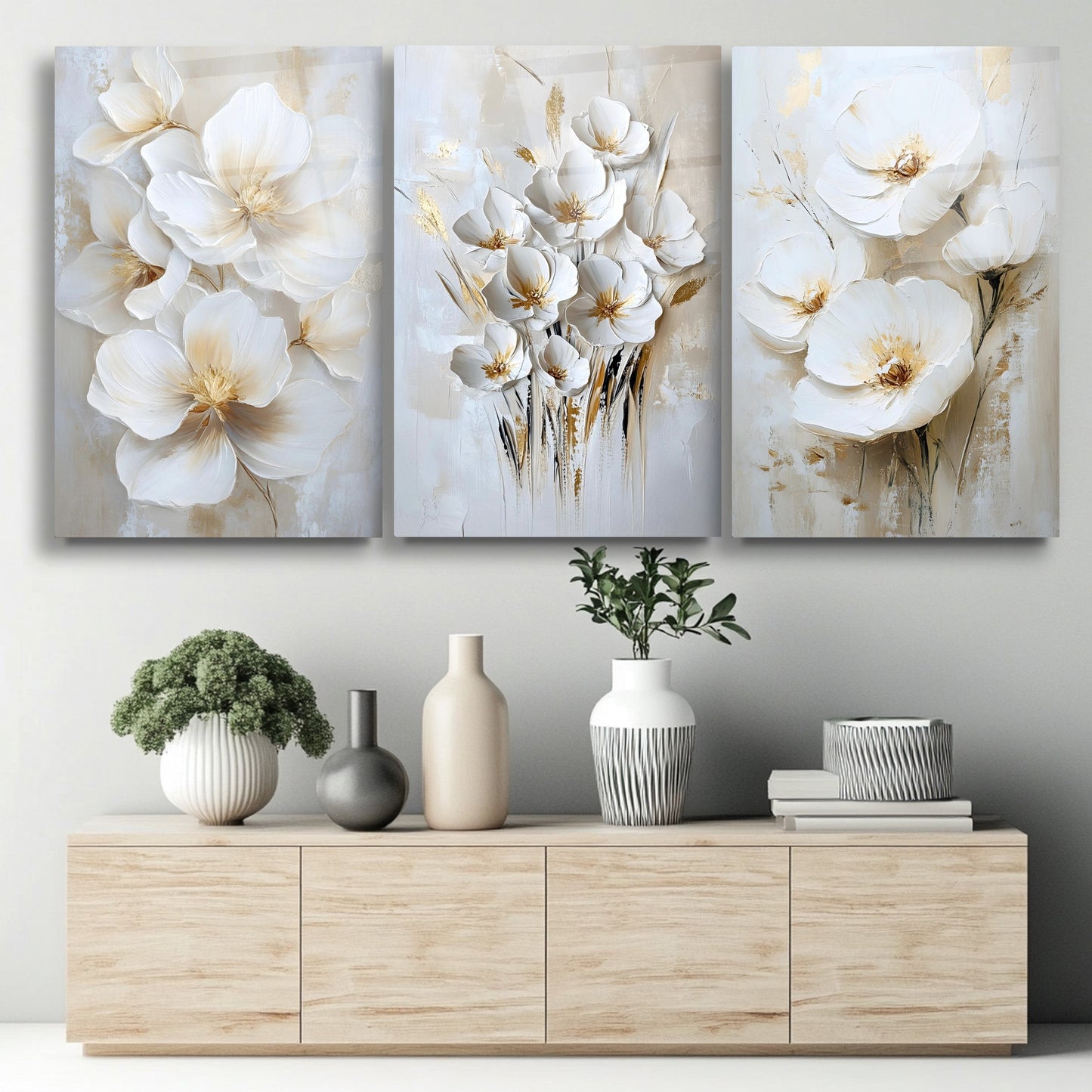 Beyaz Soft Çiçekler Üçlü Set Cam Tablo