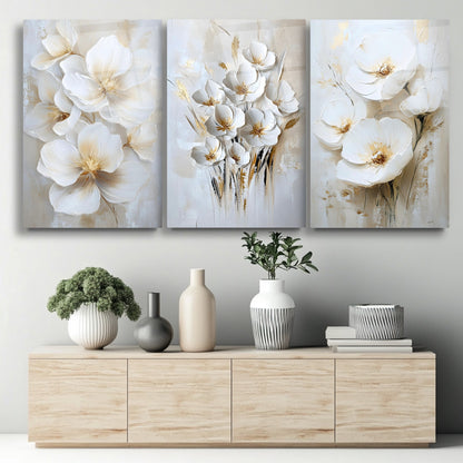 Beyaz Soft Çiçekler Üçlü Set Cam Tablo