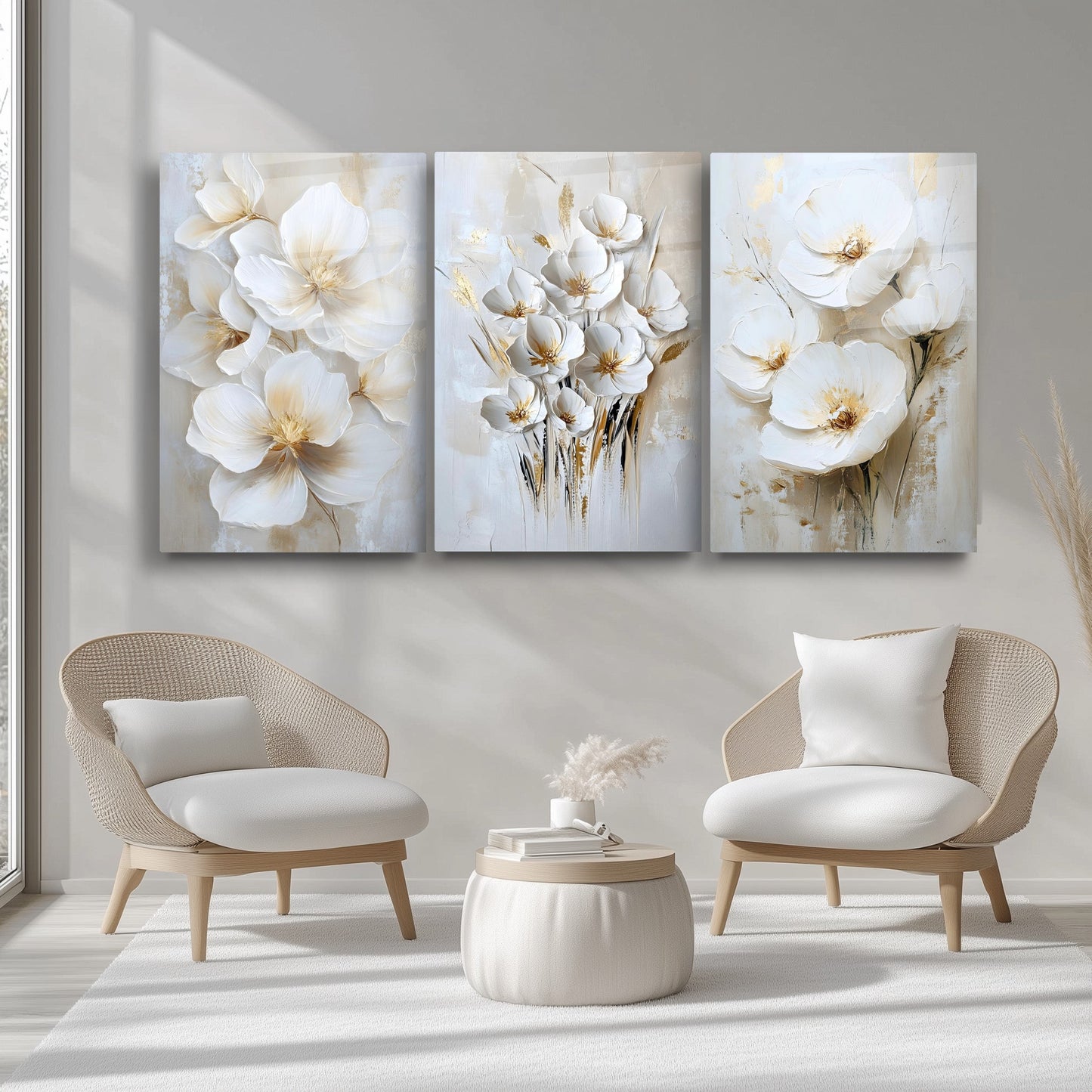Beyaz Soft Çiçekler Üçlü Set Cam Tablo