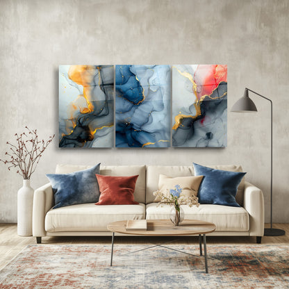 Renkli Mermer Desenler Üçlü Set Cam Tablo