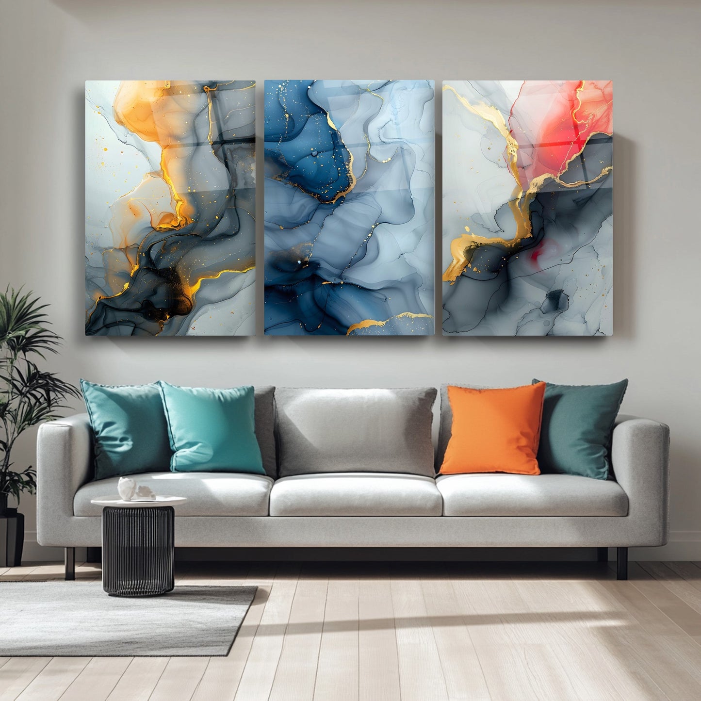 Renkli Mermer Desenler Üçlü Set Cam Tablo