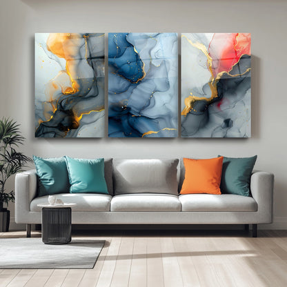 Renkli Mermer Desenler Üçlü Set Cam Tablo