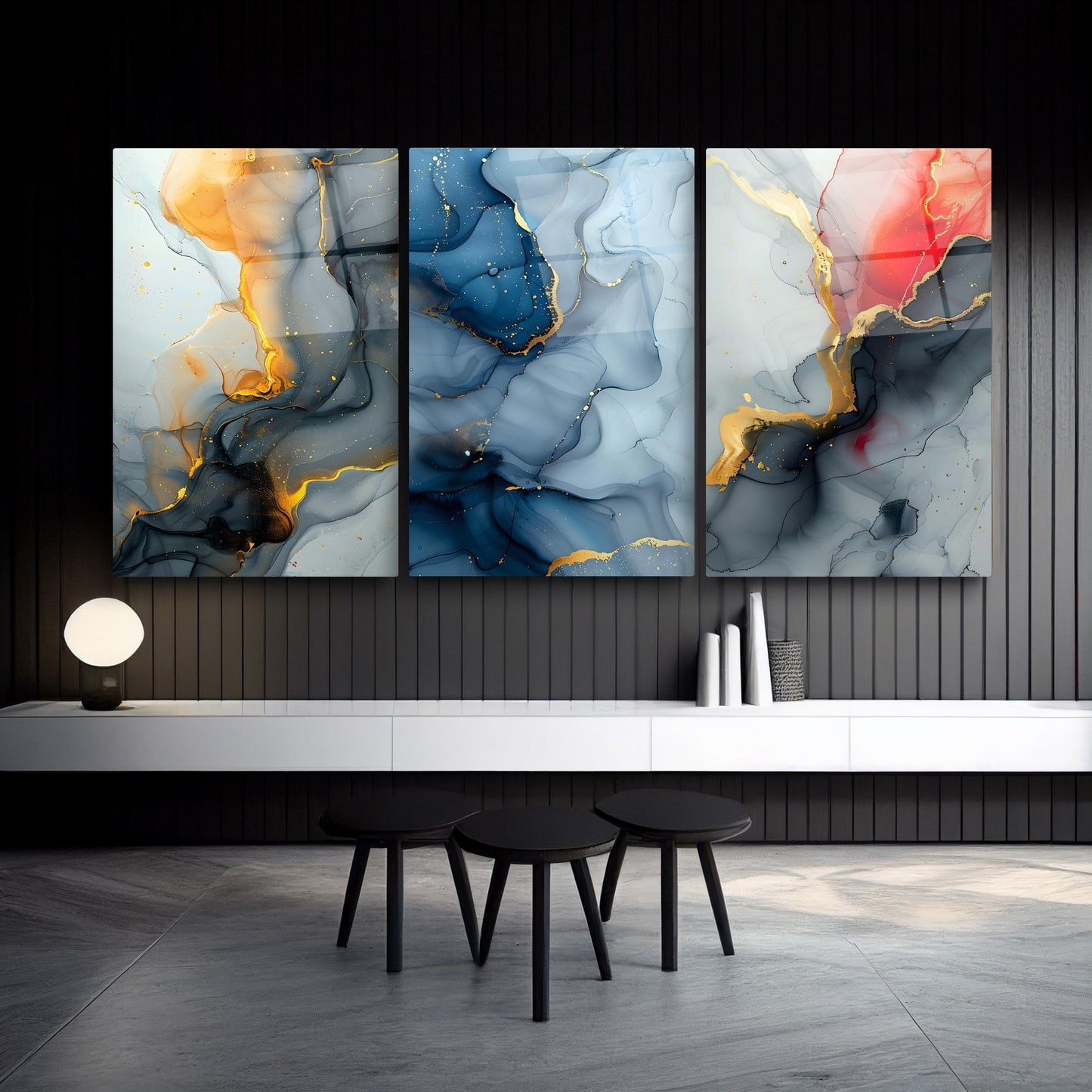 Renkli Mermer Desenler Üçlü Set Cam Tablo