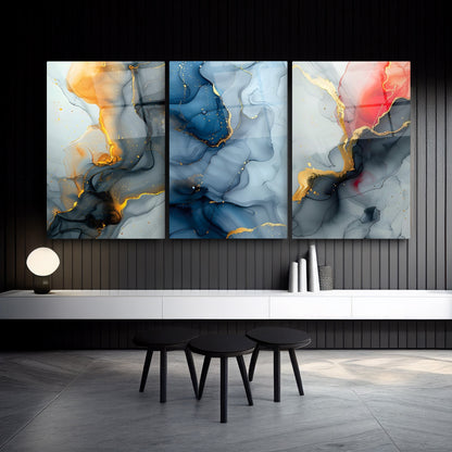 Renkli Mermer Desenler Üçlü Set Cam Tablo