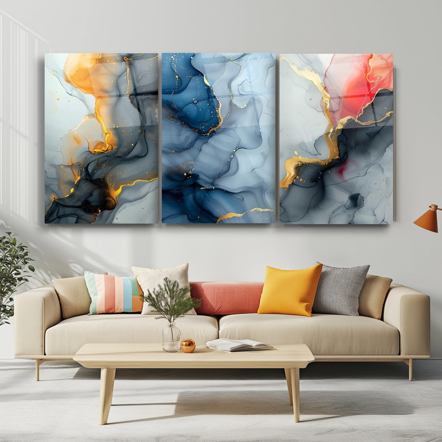 Renkli Mermer Desenler Üçlü Set Cam Tablo