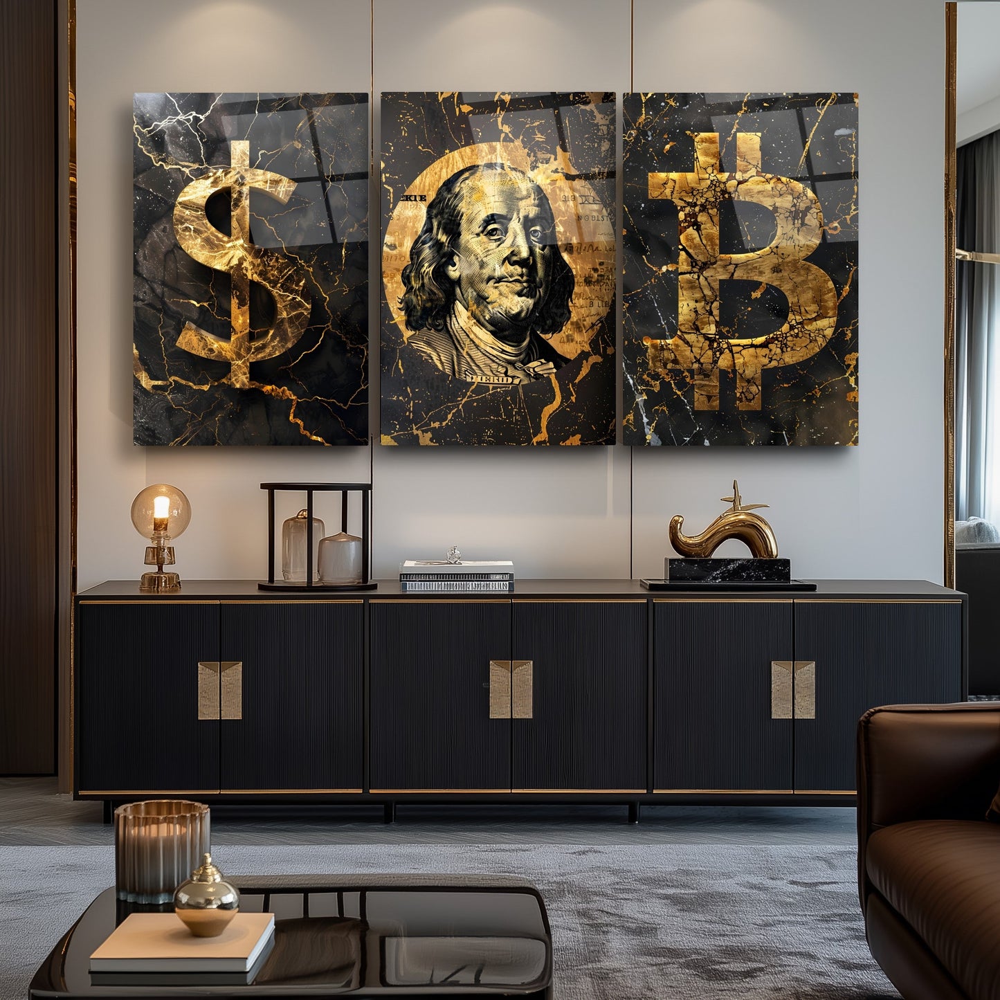 Dolar ve Bitcoin Üçlü Set Cam Tablo