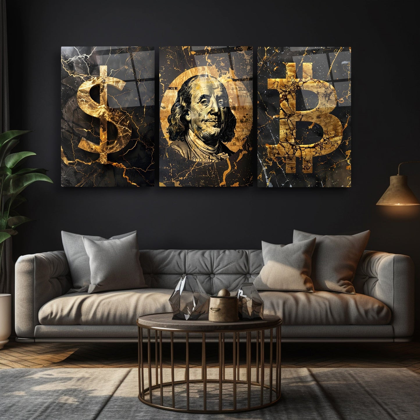 Dolar ve Bitcoin Üçlü Set Cam Tablo