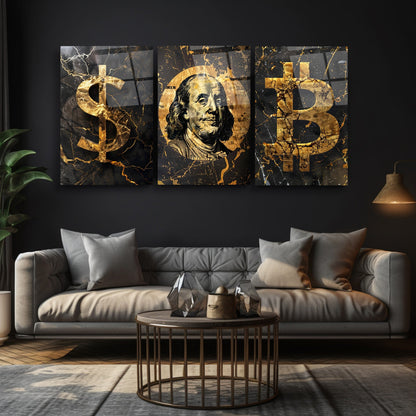 Dolar ve Bitcoin Üçlü Set Cam Tablo