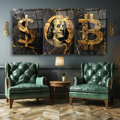 Dolar ve Bitcoin Üçlü Set Cam Tablo