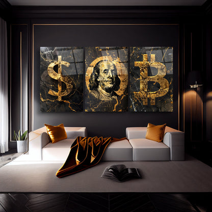 Dolar ve Bitcoin Üçlü Set Cam Tablo