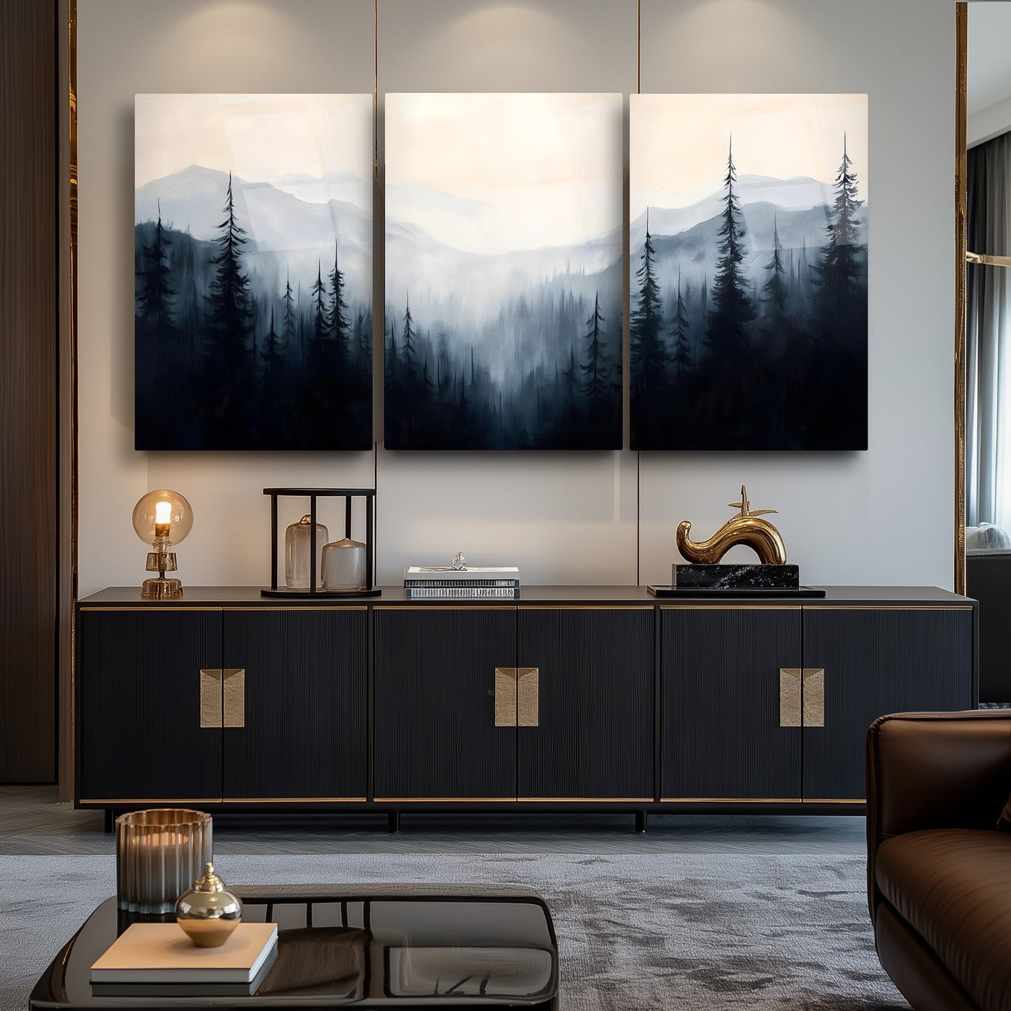 Dumanlı Orman Üçlü Set Cam Tablo