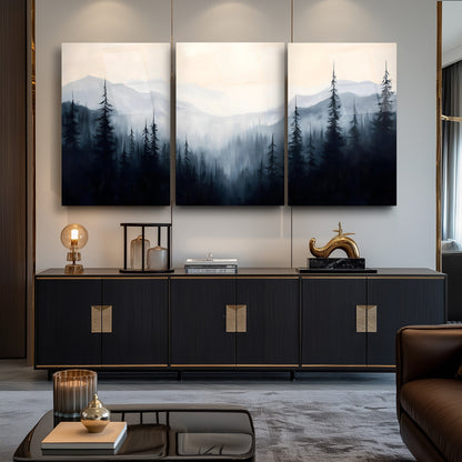Dumanlı Orman Üçlü Set Cam Tablo