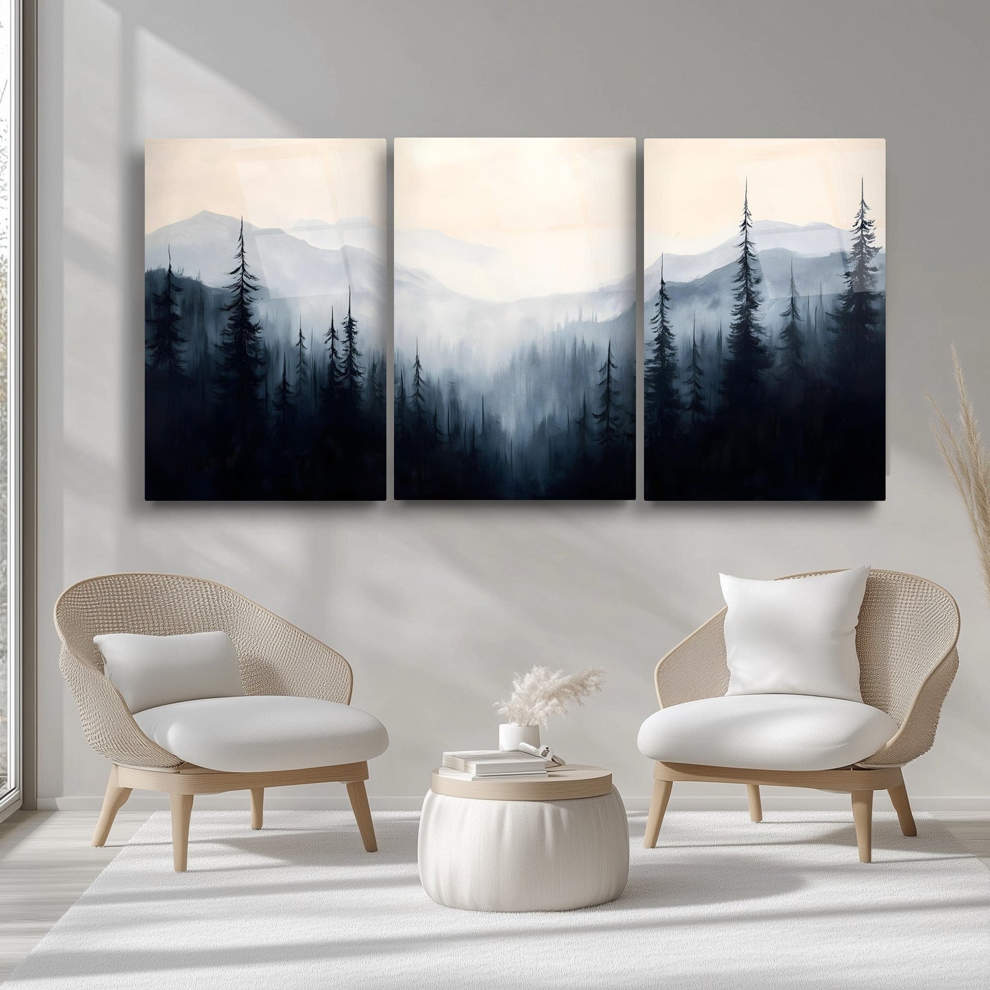 Dumanlı Orman Üçlü Set Cam Tablo