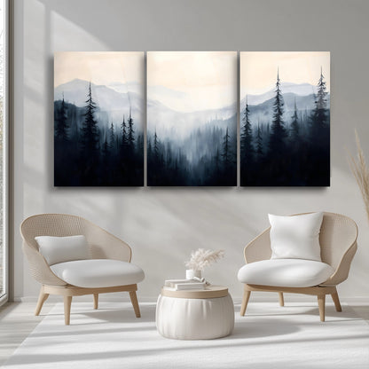 Dumanlı Orman Üçlü Set Cam Tablo