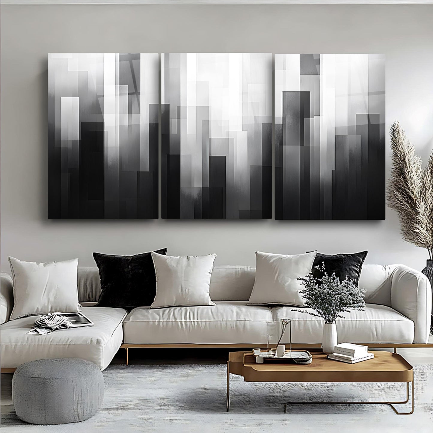 Siyah Beyaz Soyut Desenler Üçlü Set Cam Tablo