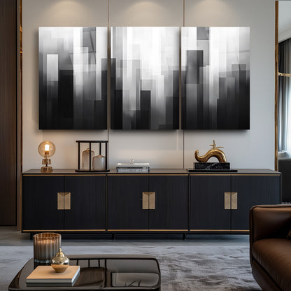 Siyah Beyaz Soyut Desenler Üçlü Set Cam Tablo