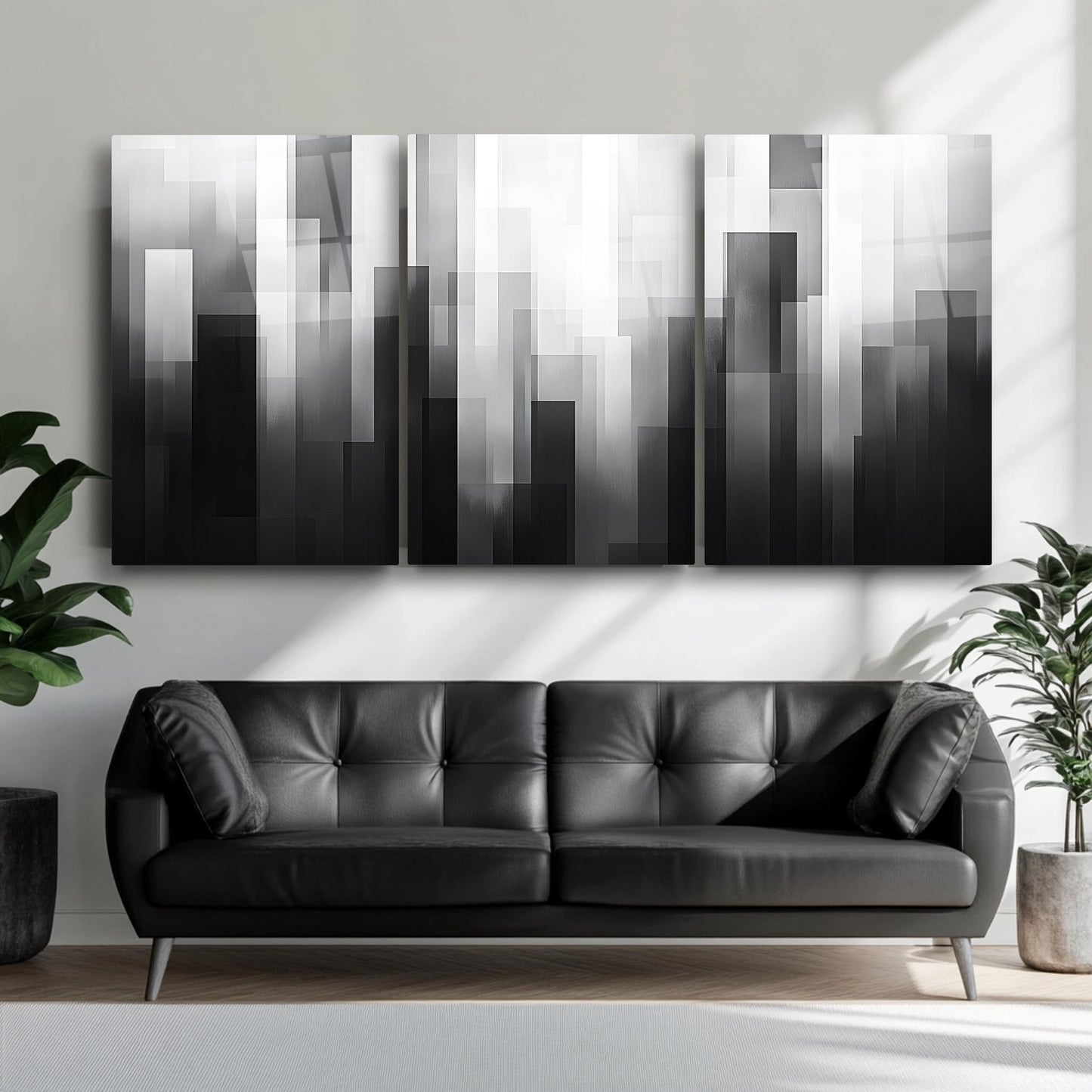 Siyah Beyaz Soyut Desenler Üçlü Set Cam Tablo