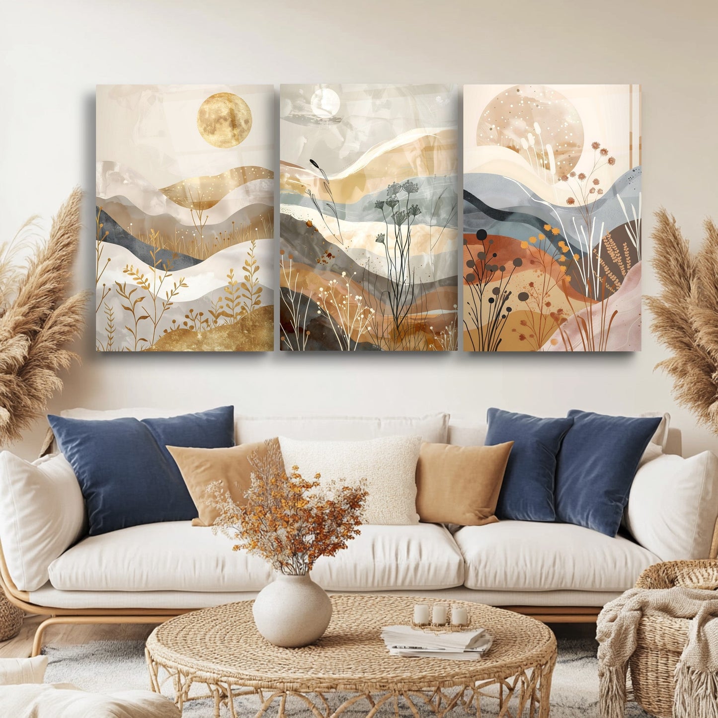 Soyut Minimal Desenler Üçlü Set Cam Tablo