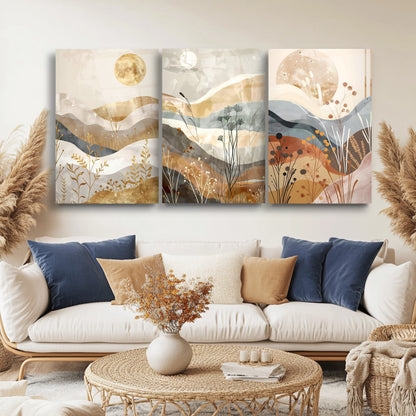 Soyut Minimal Desenler Üçlü Set Cam Tablo