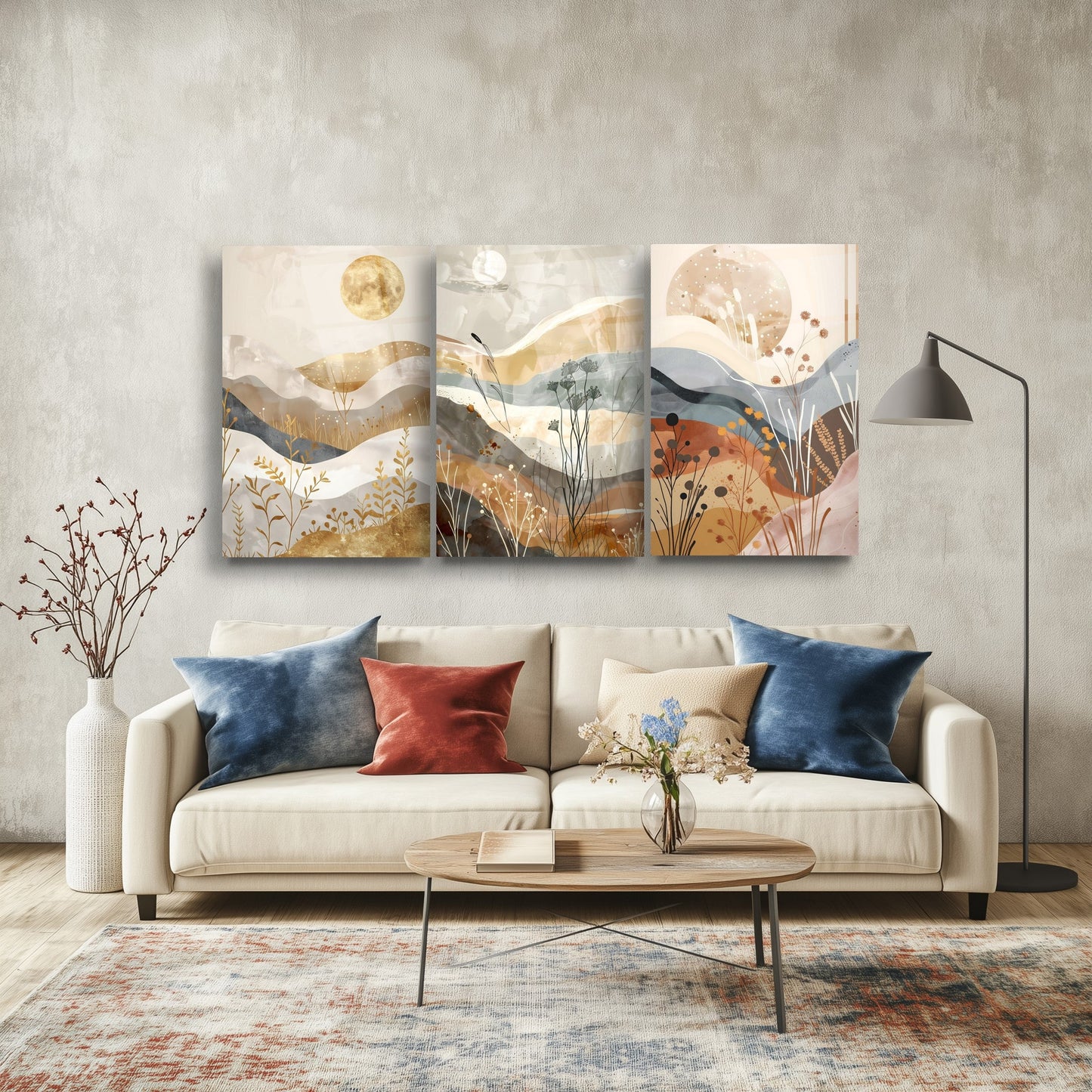 Soyut Minimal Desenler Üçlü Set Cam Tablo